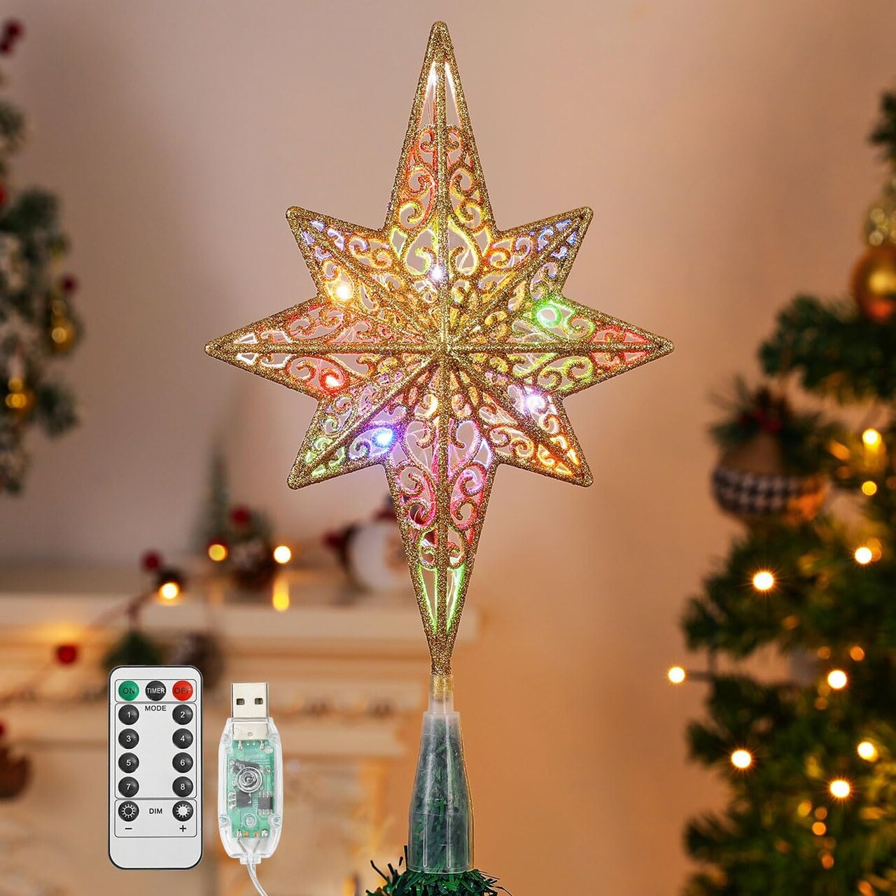 Christmas Tree Topper, USB Powered Remote Controlled 14 Inch (Gold F)
